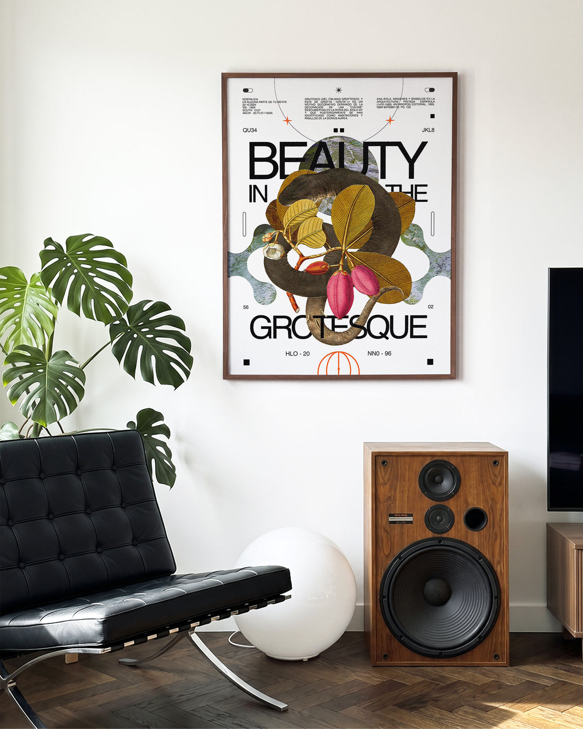 Beauty in the Grotesque quote art print in a walnut frame on a room wall