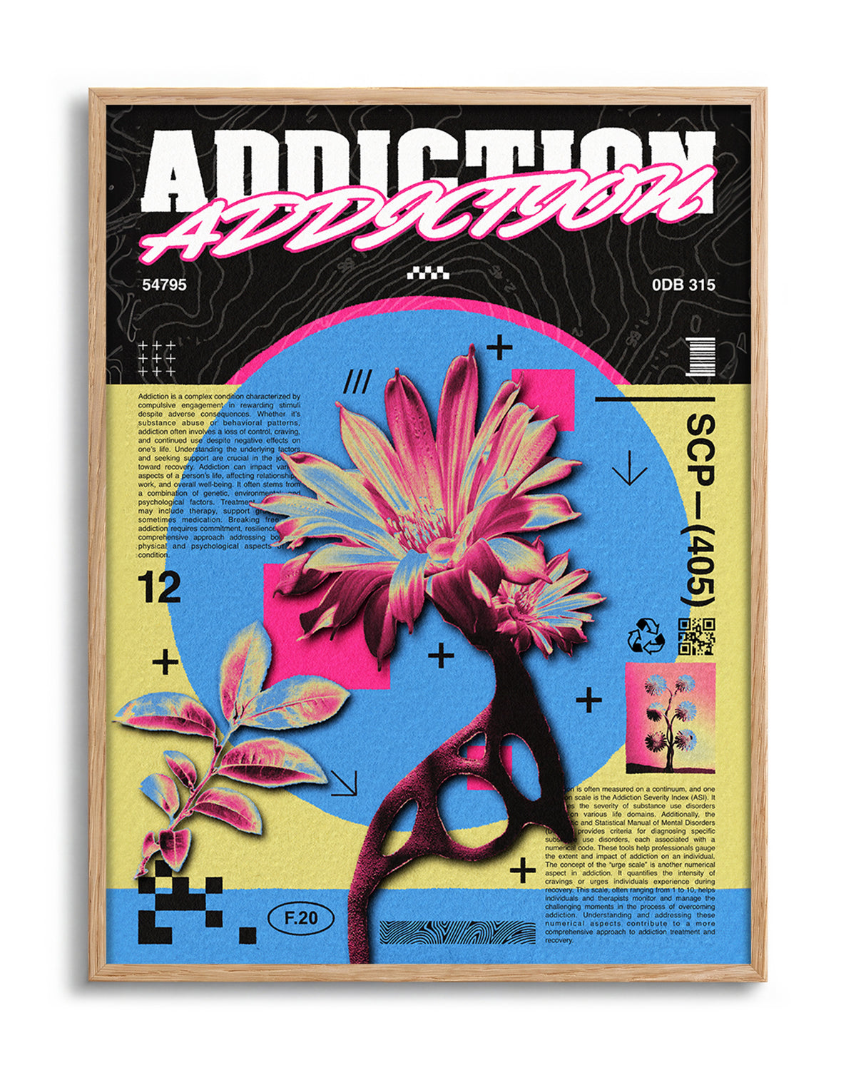 Addiction psychedelic flower poster in an oak frame