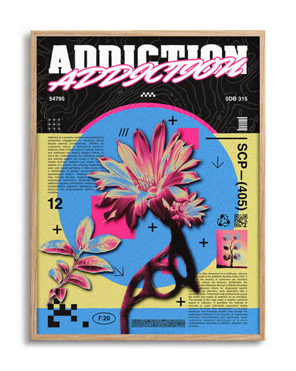 Addiction psychedelic flower poster in an oak frame