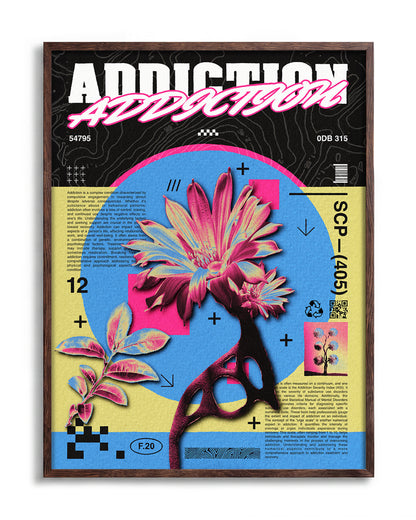 Addiction psychedelic flower poster in a walnut frame