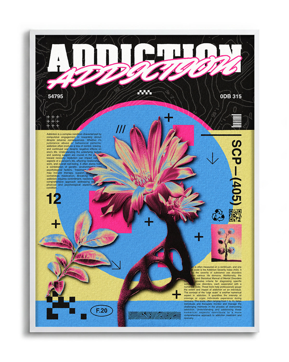 Addiction psychedelic flower poster in a white frame