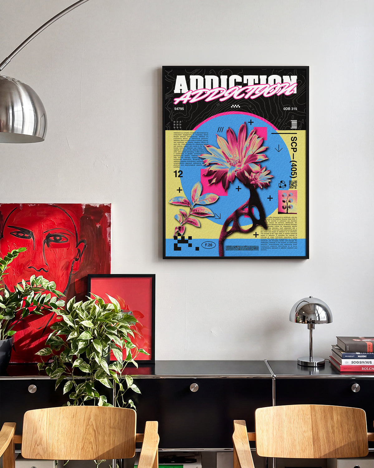 Addiction psychedelic flower poster in a black frame on a room wall