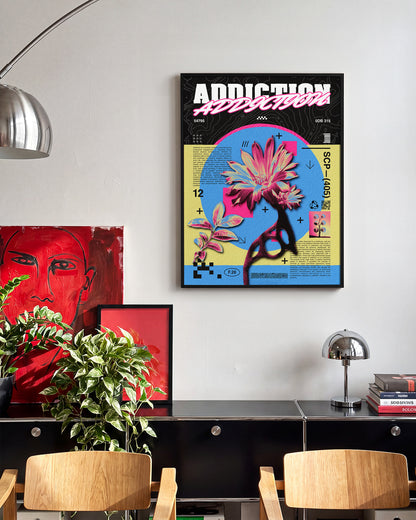 Addiction psychedelic flower poster in a black frame on a room wall