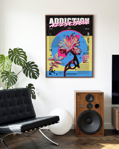 Addiction psychedelic flower poster in a walnut frame on a room wall