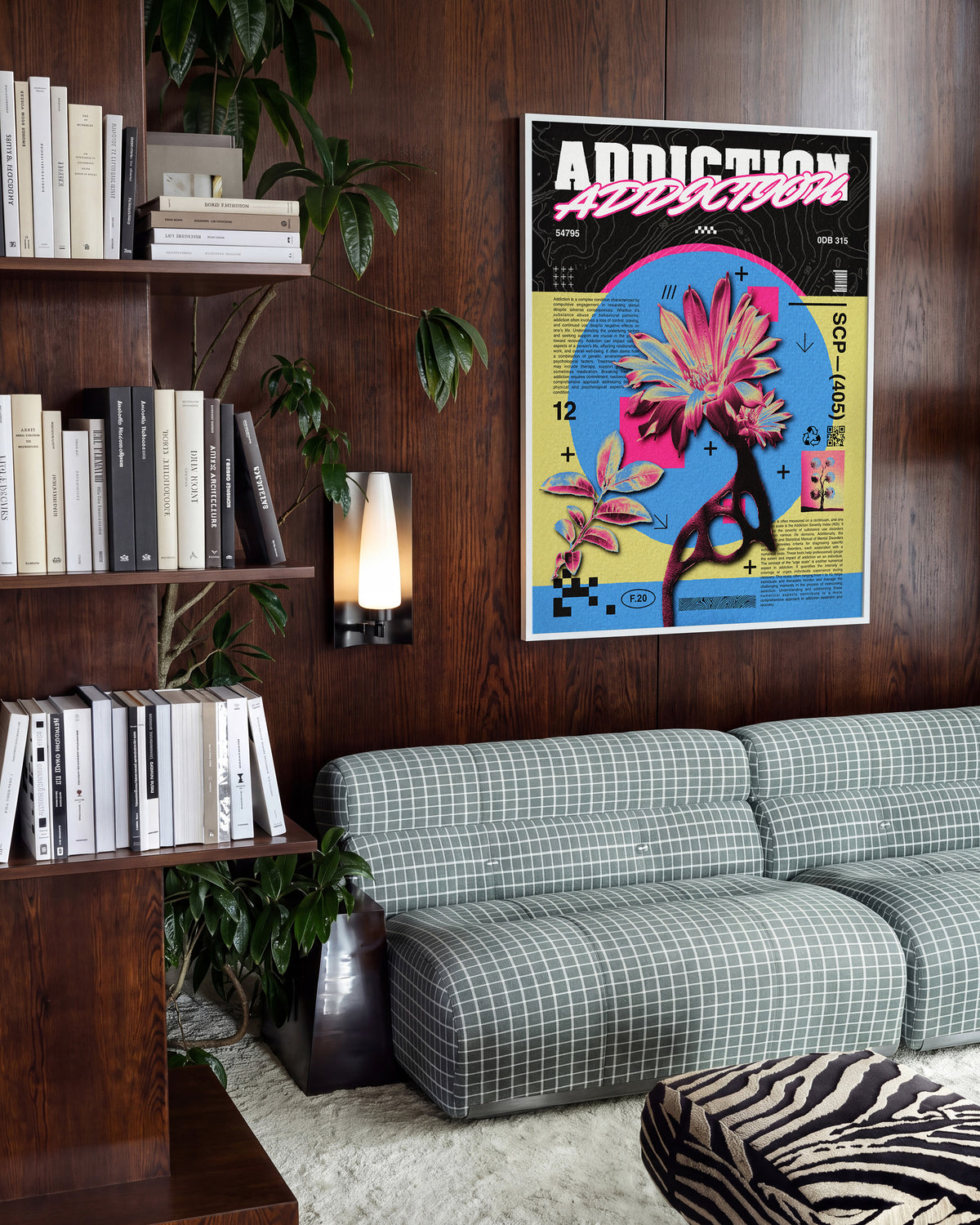 Addiction psychedelic flower poster in a white frame on a room wall