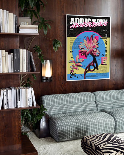 Addiction psychedelic flower poster in a white frame on a room wall