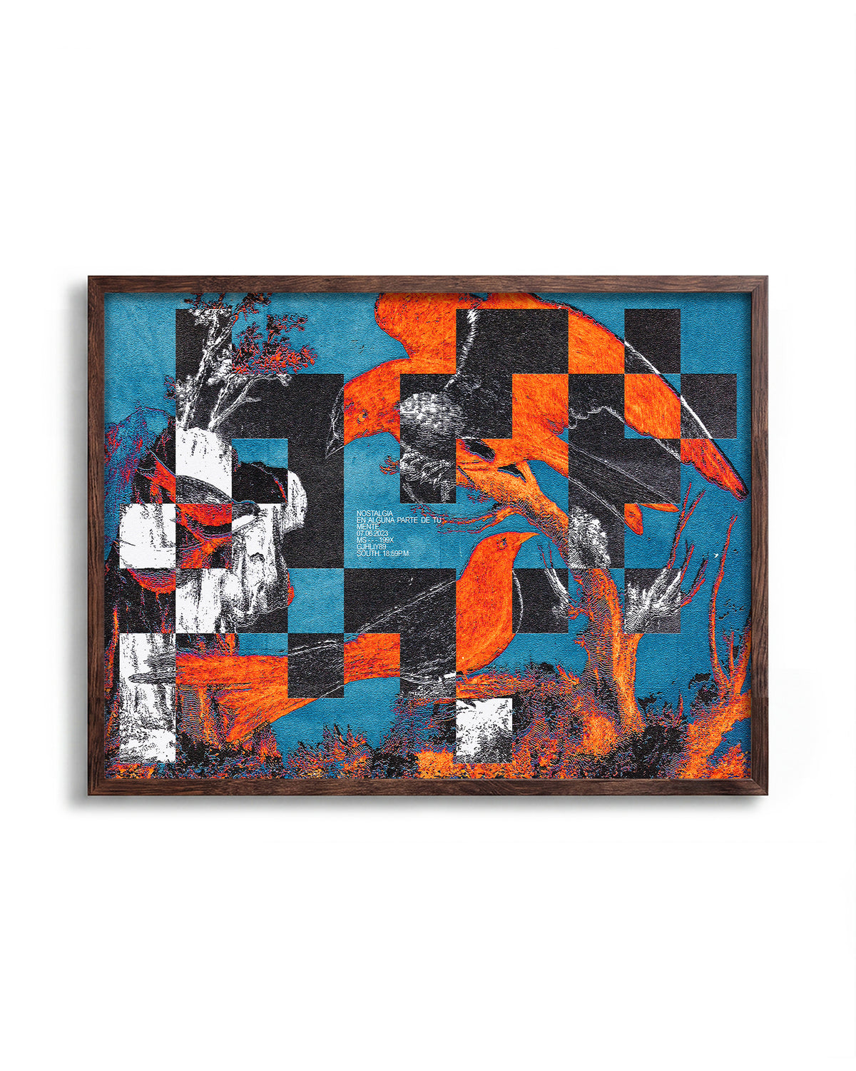 Birds of a Feather bird art print in a walnut frame