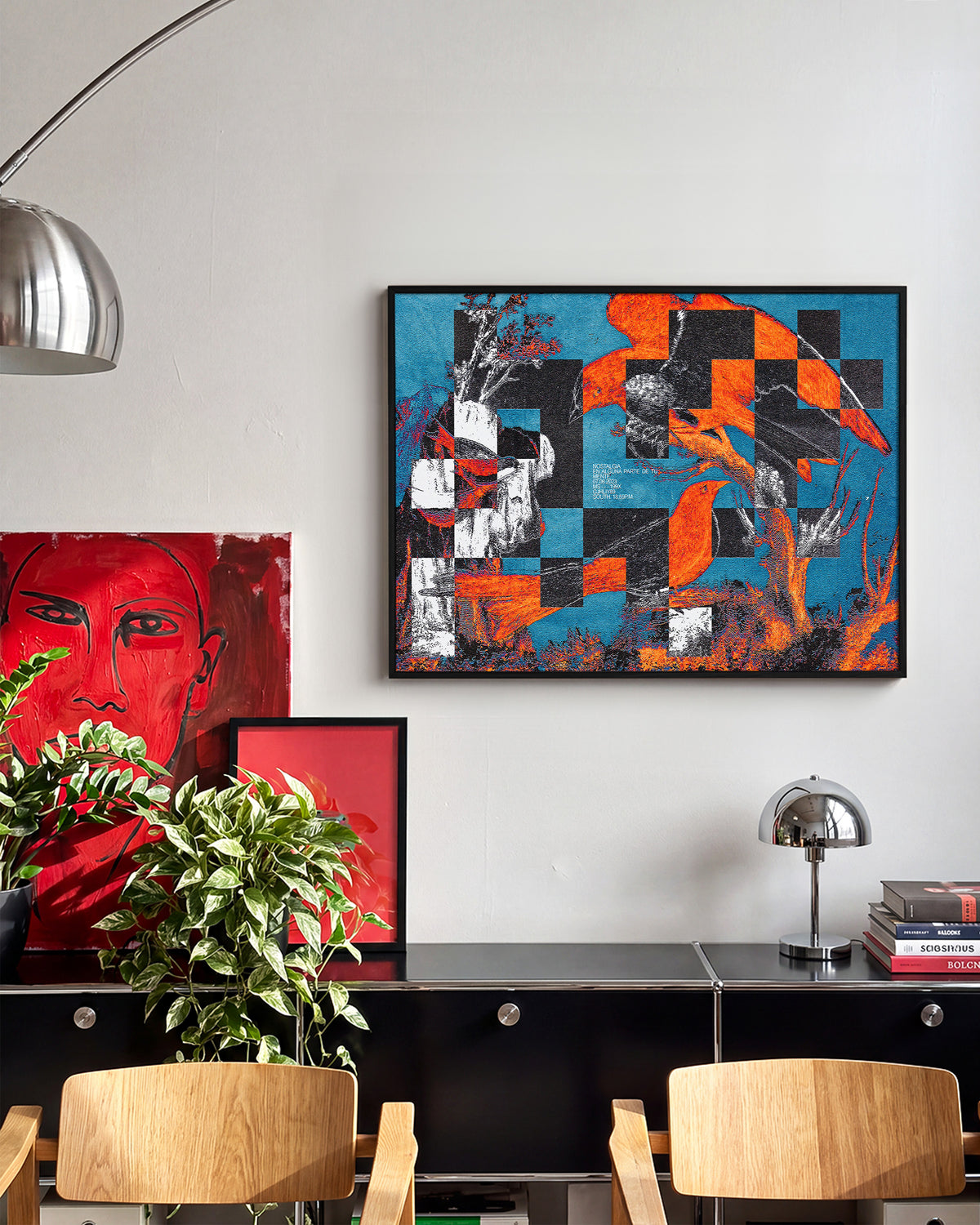 Birds of a Feather bird art print in a black frame on a room wall