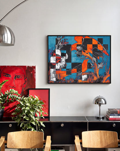 Birds of a Feather bird art print in a black frame on a room wall