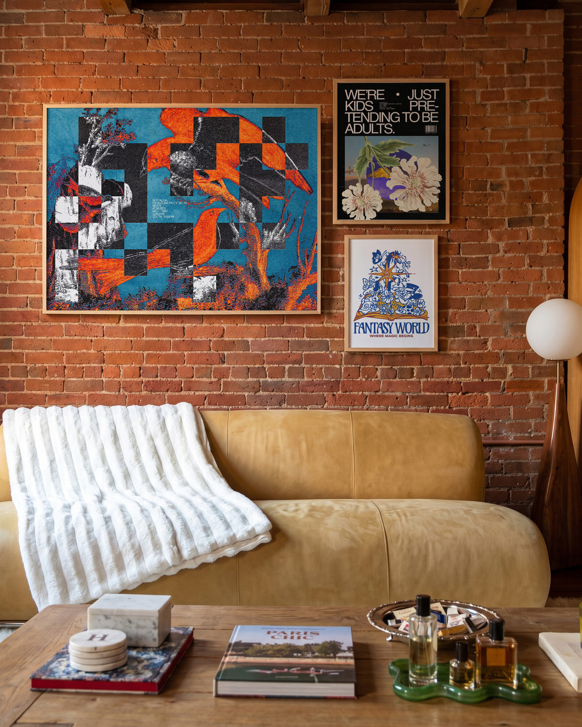 Birds of a Feather bird art print in an oak frame on a room wall