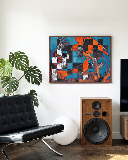 Birds of a Feather bird art print in a walnut frame on a room wall