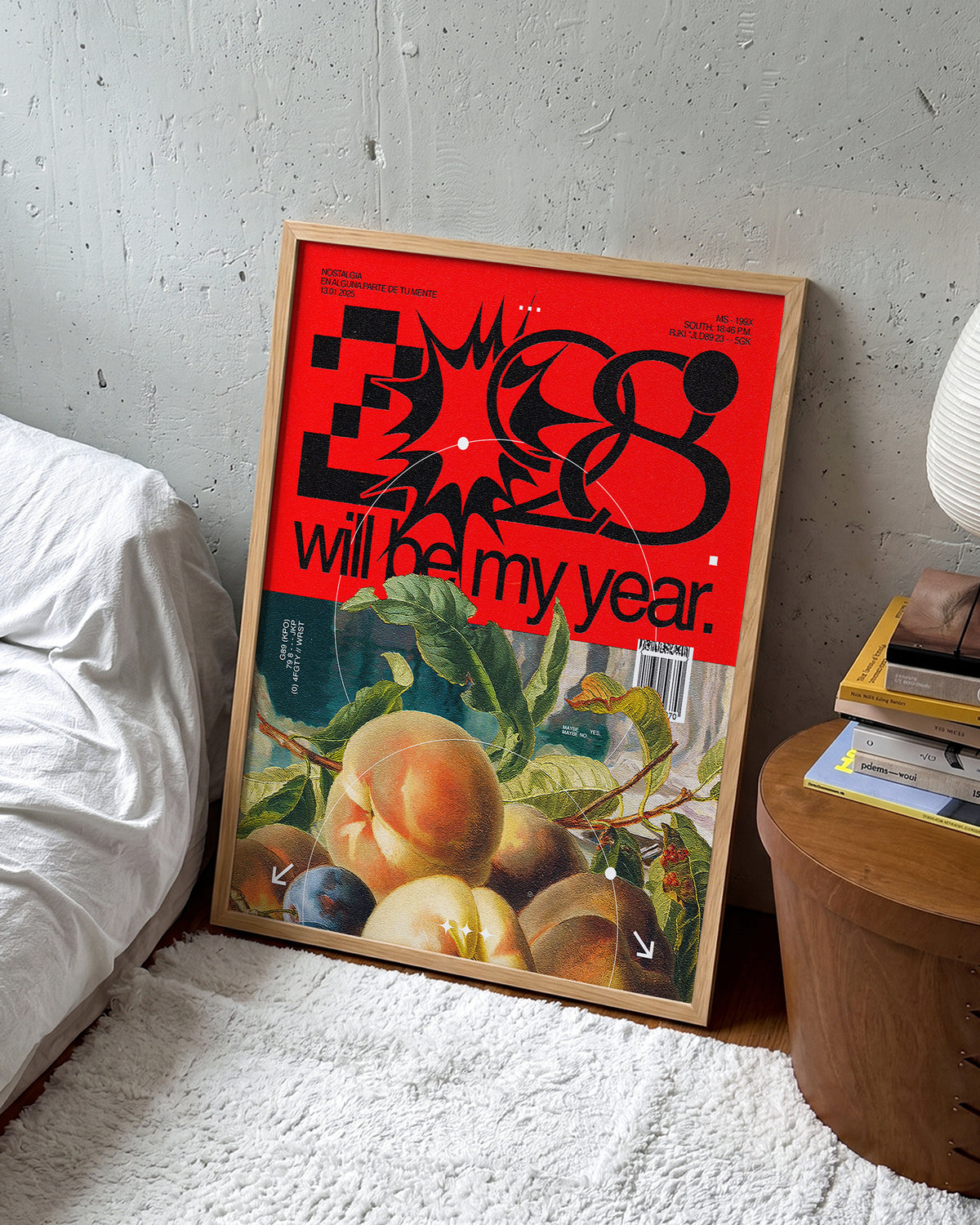 2028 Will Be My Year motivational quote poster in an oak frame on a room wall