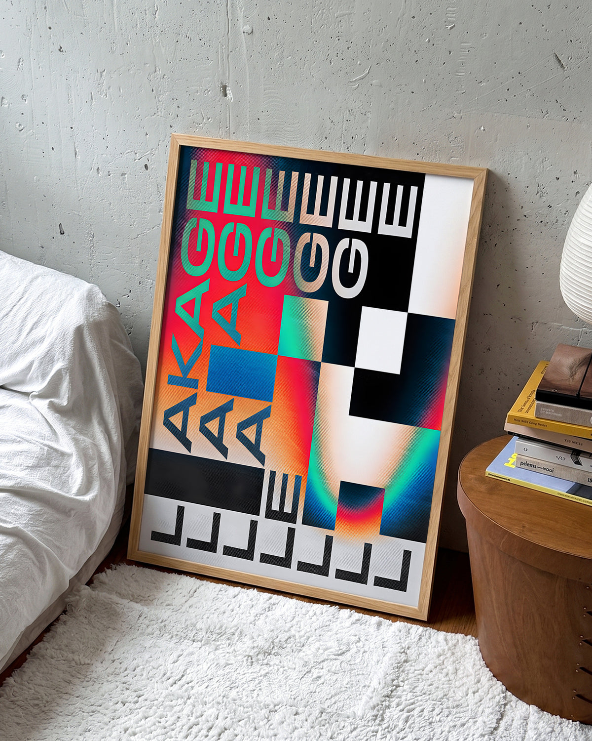 Leakage retro typography print in an oak frame on a room wall