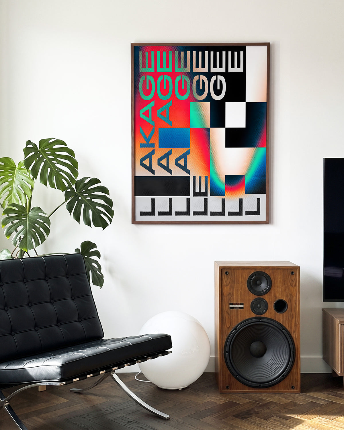 Leakage retro typography print in a walnut frame on a room wall