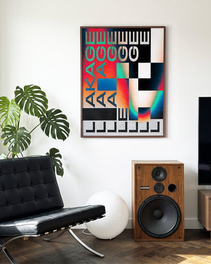 Leakage retro typography print in a walnut frame on a room wall