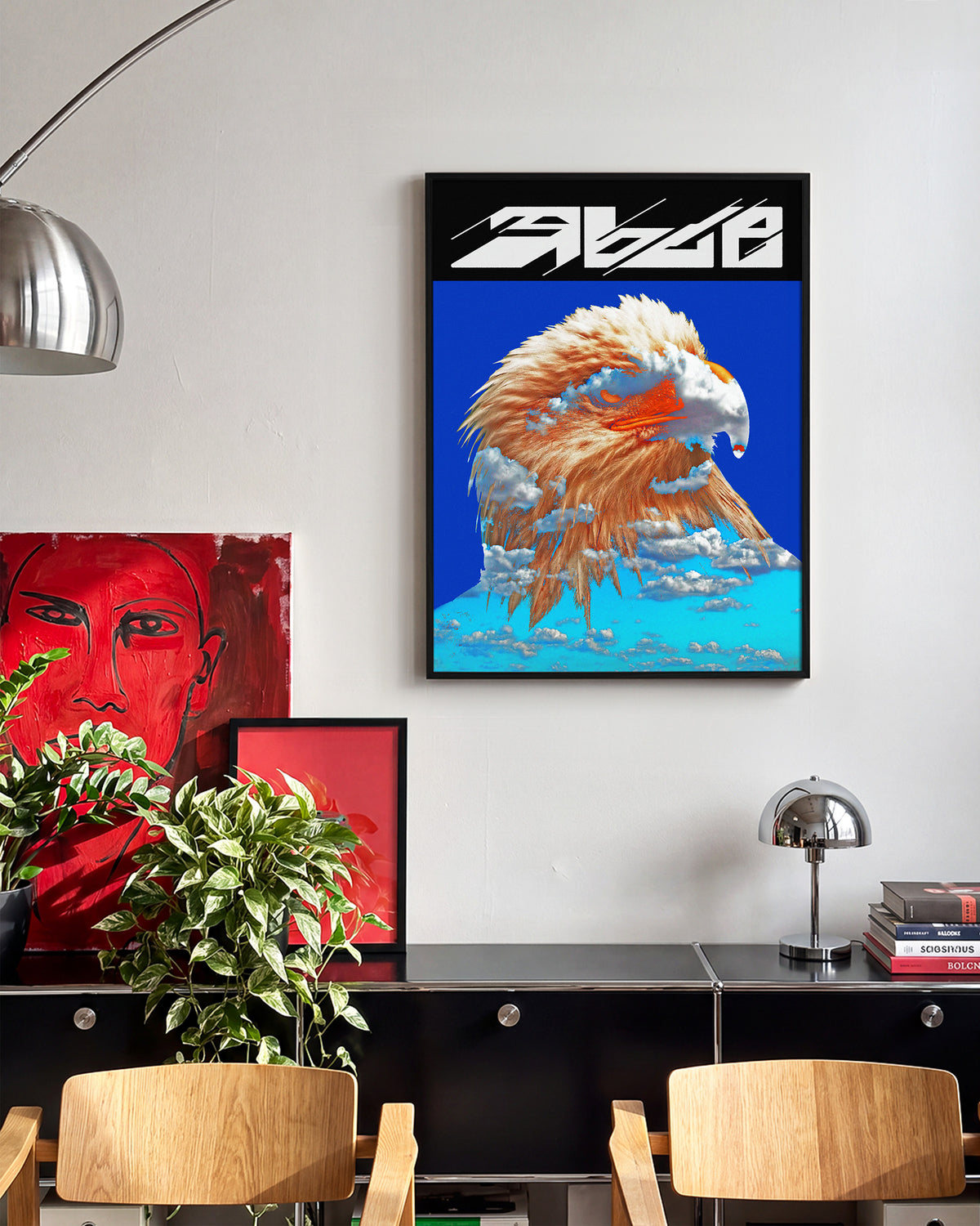 Eagle wildlife art print in a black frame on a room wall