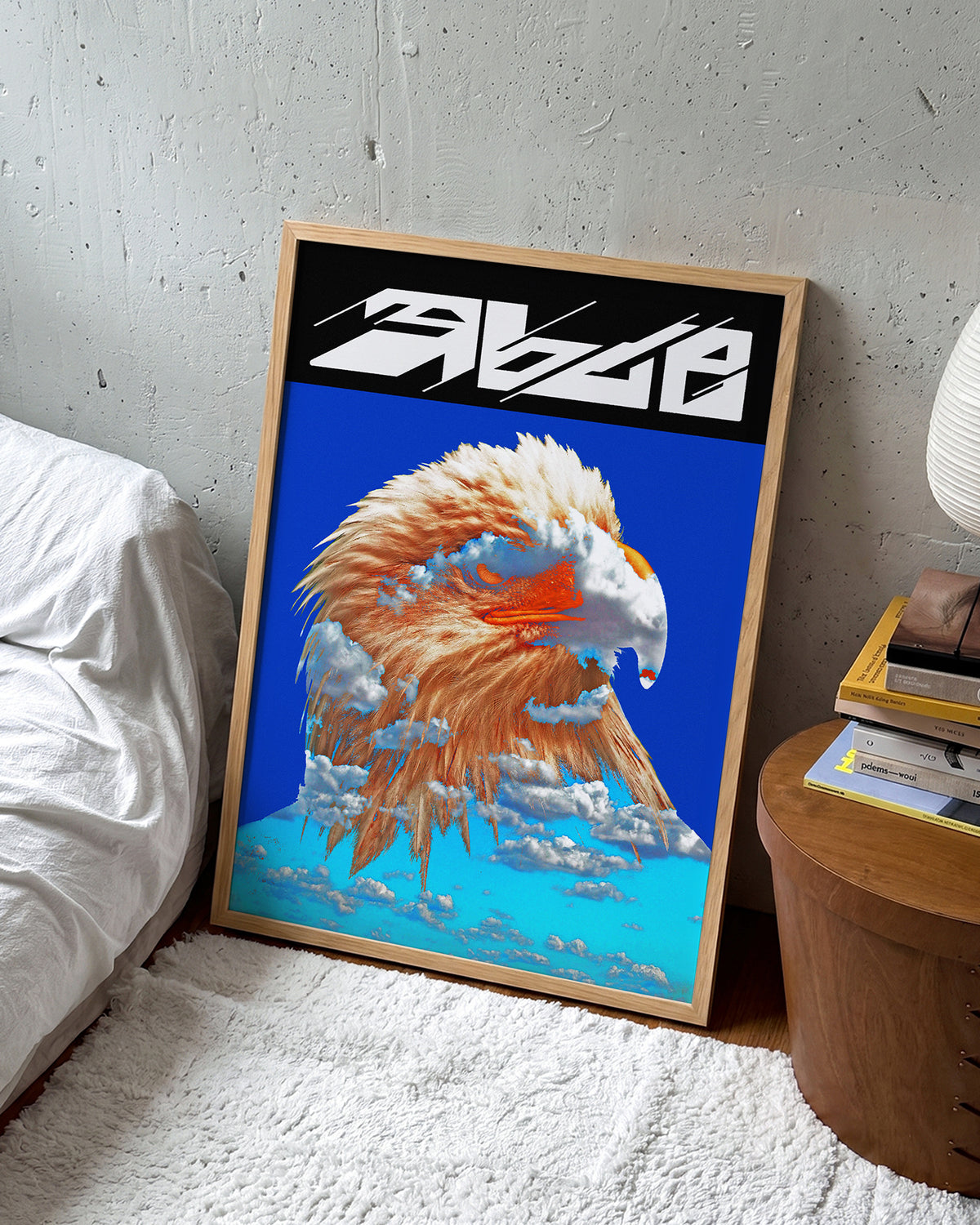 Eagle wildlife art print in an oak frame on a room wall