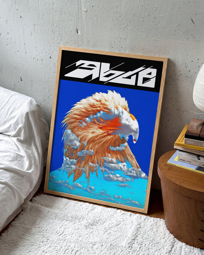 Eagle wildlife art print in an oak frame on a room wall