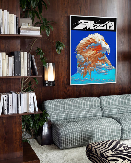 Eagle wildlife art print in a white frame on a room wall