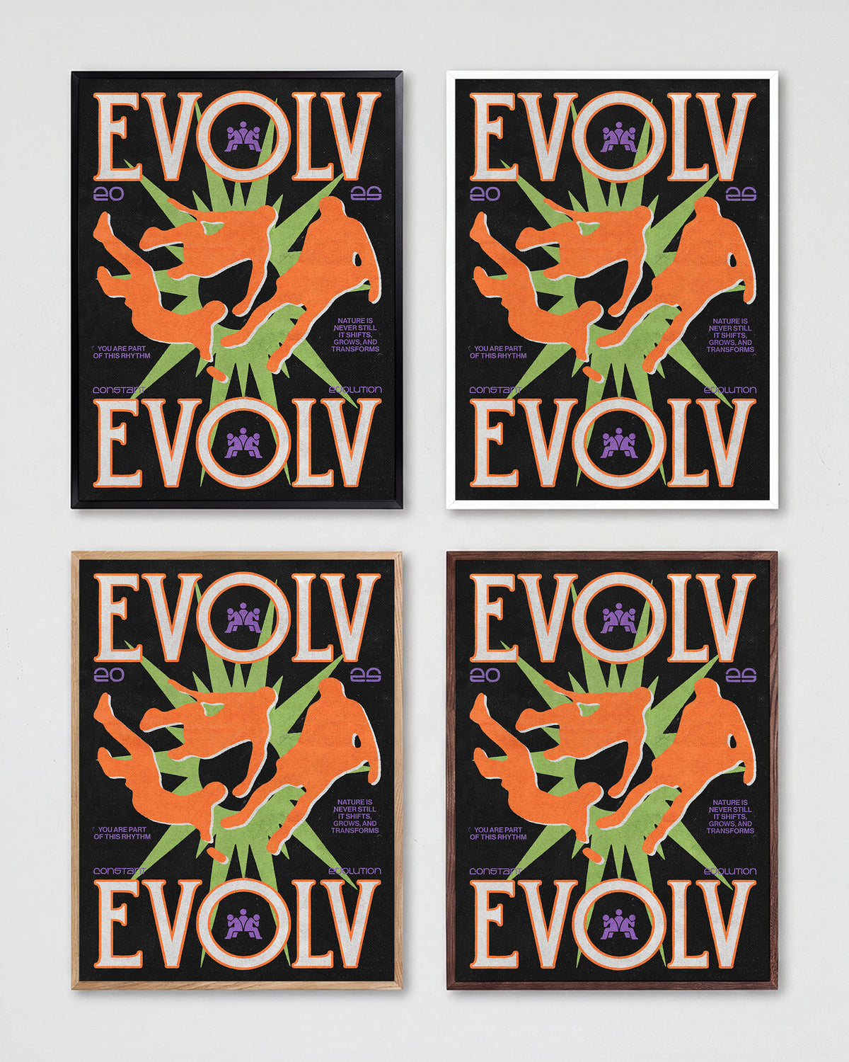 Evolve fantasy art print shown in all frame colours