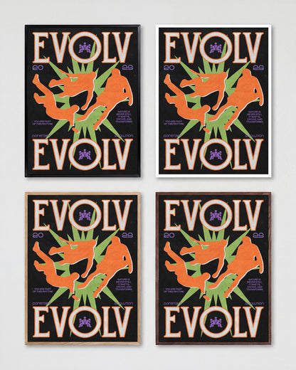Evolve fantasy art print shown in all frame colours