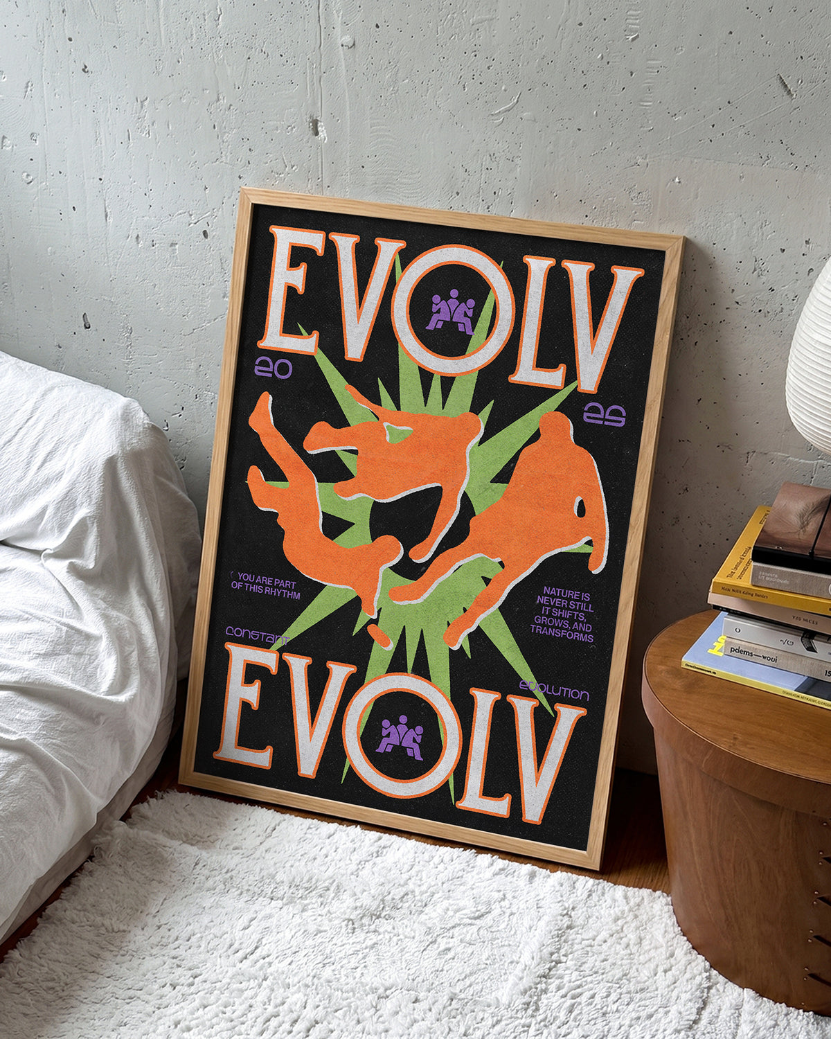 Evolve fantasy art print in an oak frame on a room wall