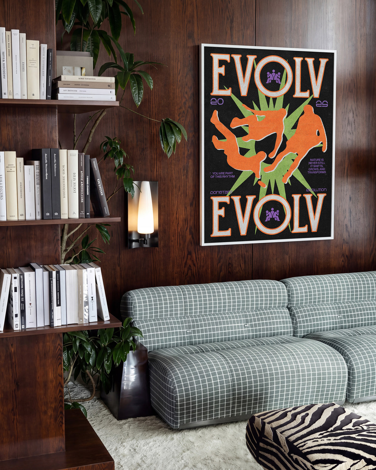 Evolve fantasy art print in a white frame on a room wall