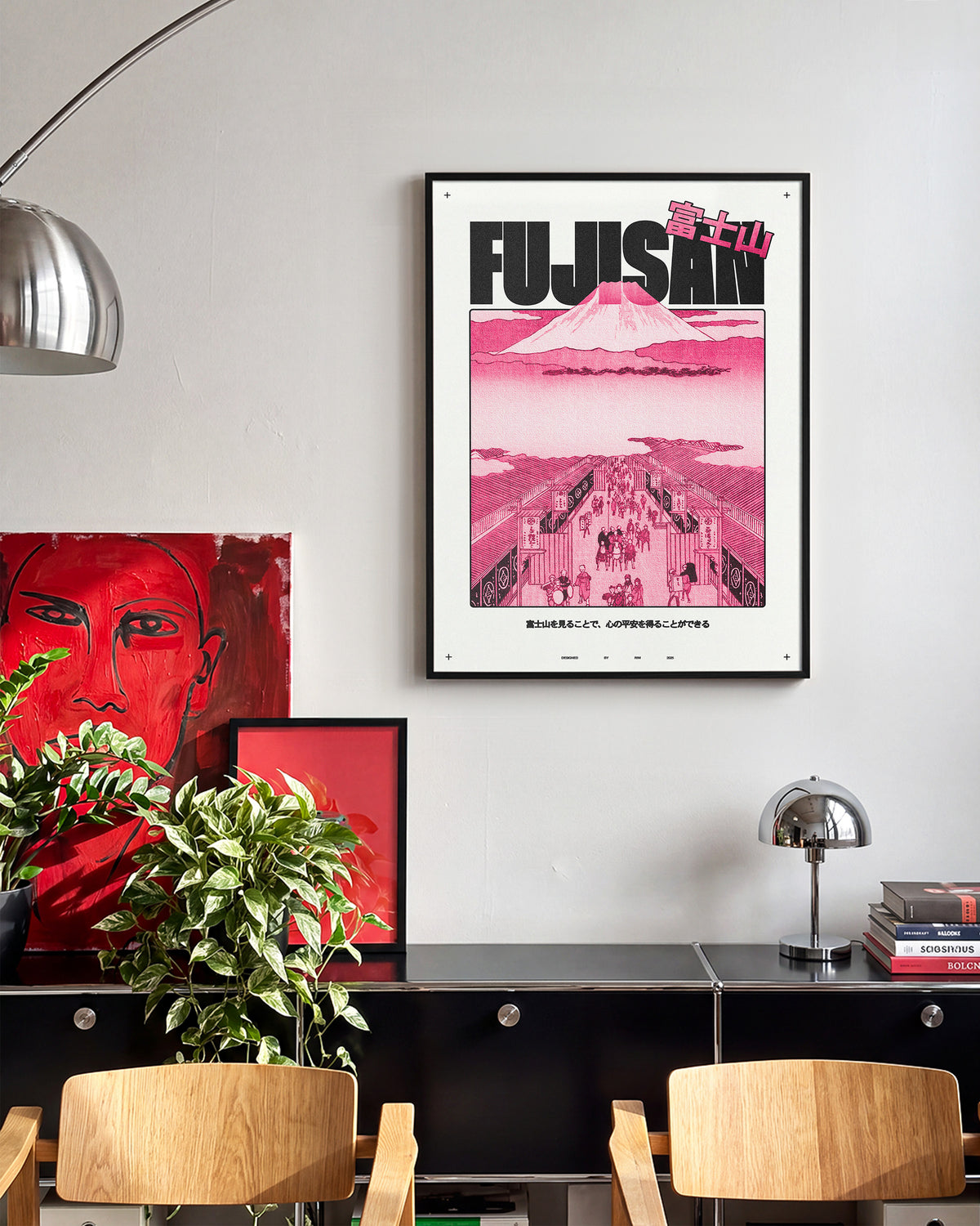 Fujisan Mount Fuji Japanese art print in a black frame on a room wall