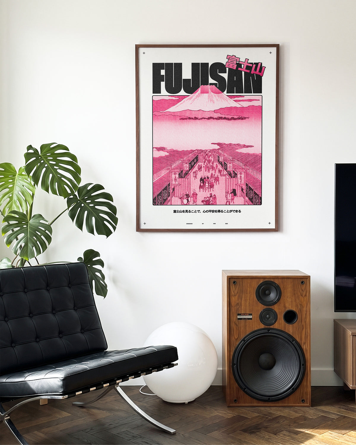 Fujisan Mount Fuji Japanese art print in a walnut frame on a room wall