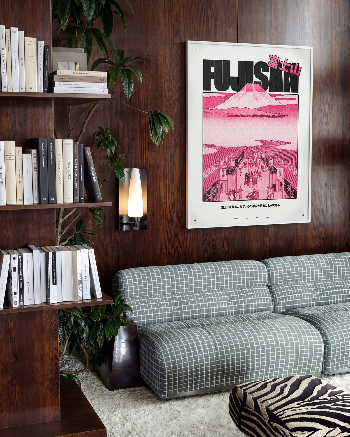 Fujisan Mount Fuji Japanese art print in a white frame on a room wall