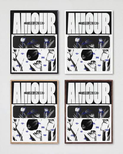 Amour Japanese typography poster shown in all frame colours