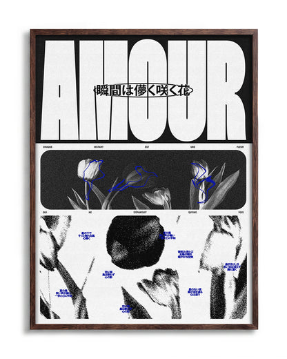 Amour Japanese typography poster in a walnut frame
