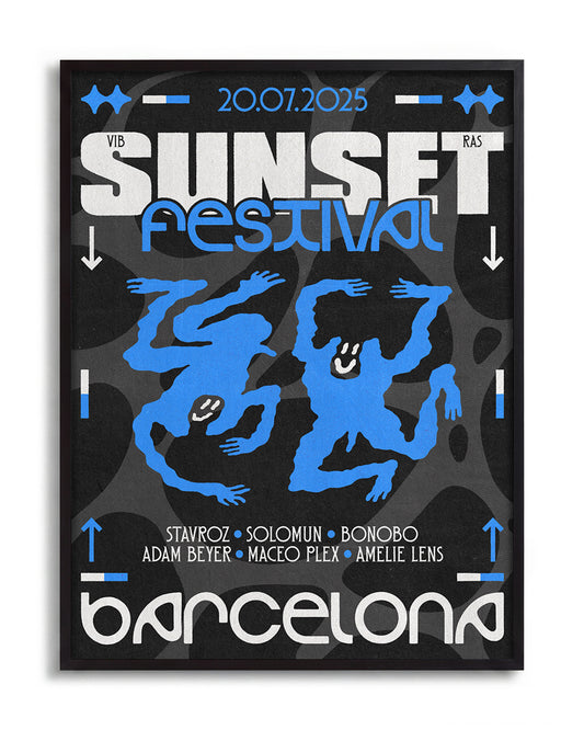 Blue Sunset festival - no background framed - black