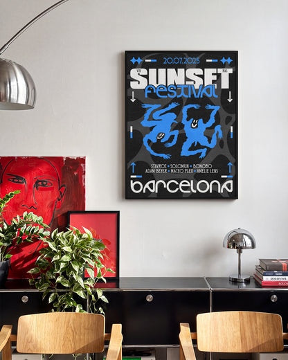 Blue Sunset Festival music festival poster in a black frame on a room wall