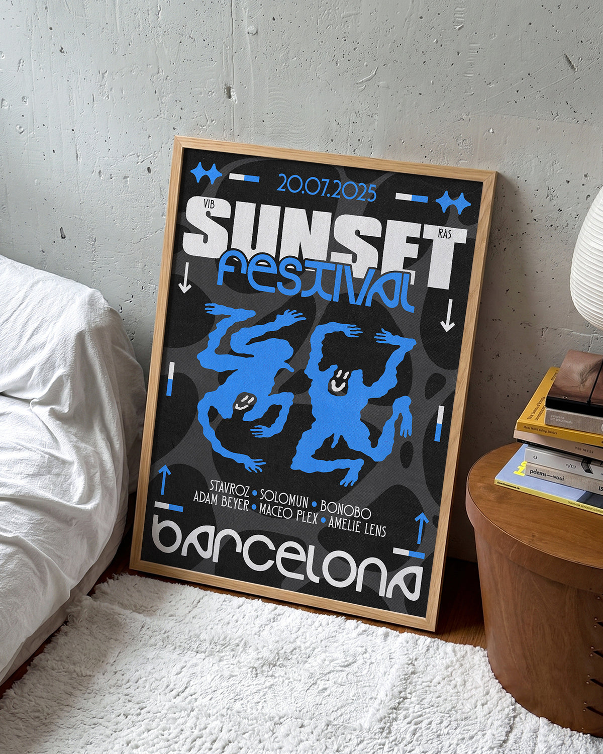 Blue Sunset Festival music festival poster in an oak frame on a room wall