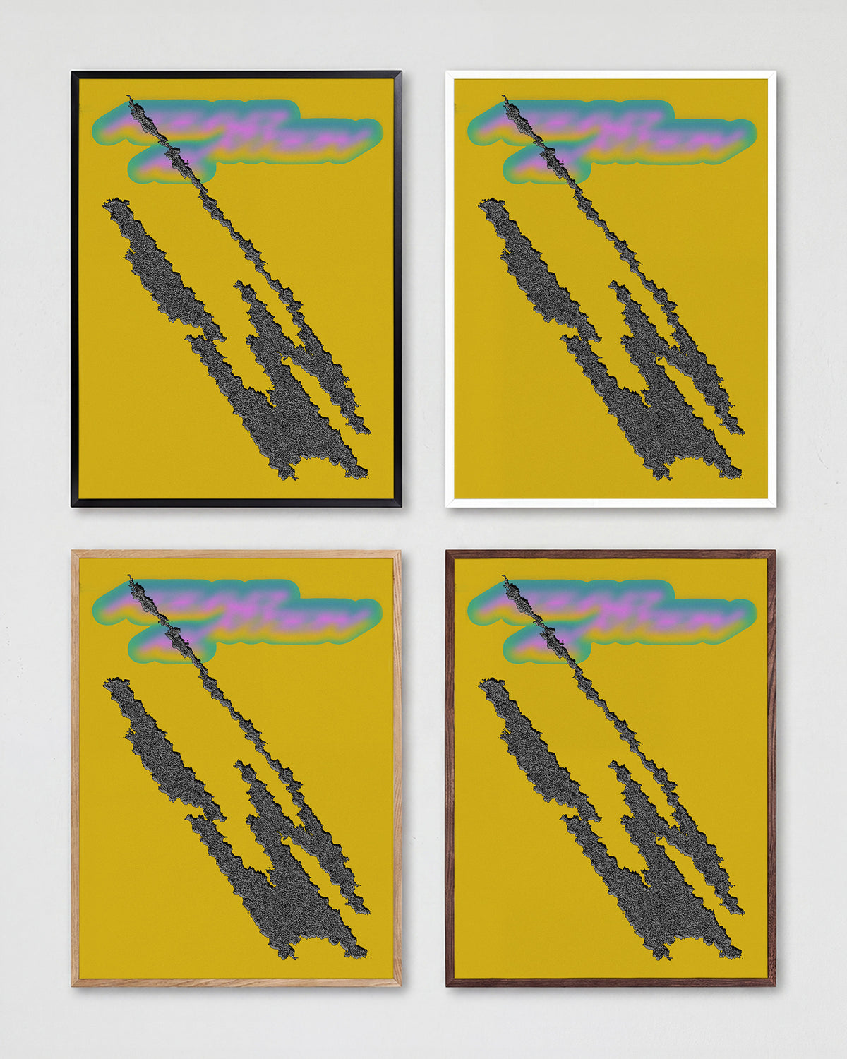 Foundational Yellow minimalist abstract print shown in all frame colours