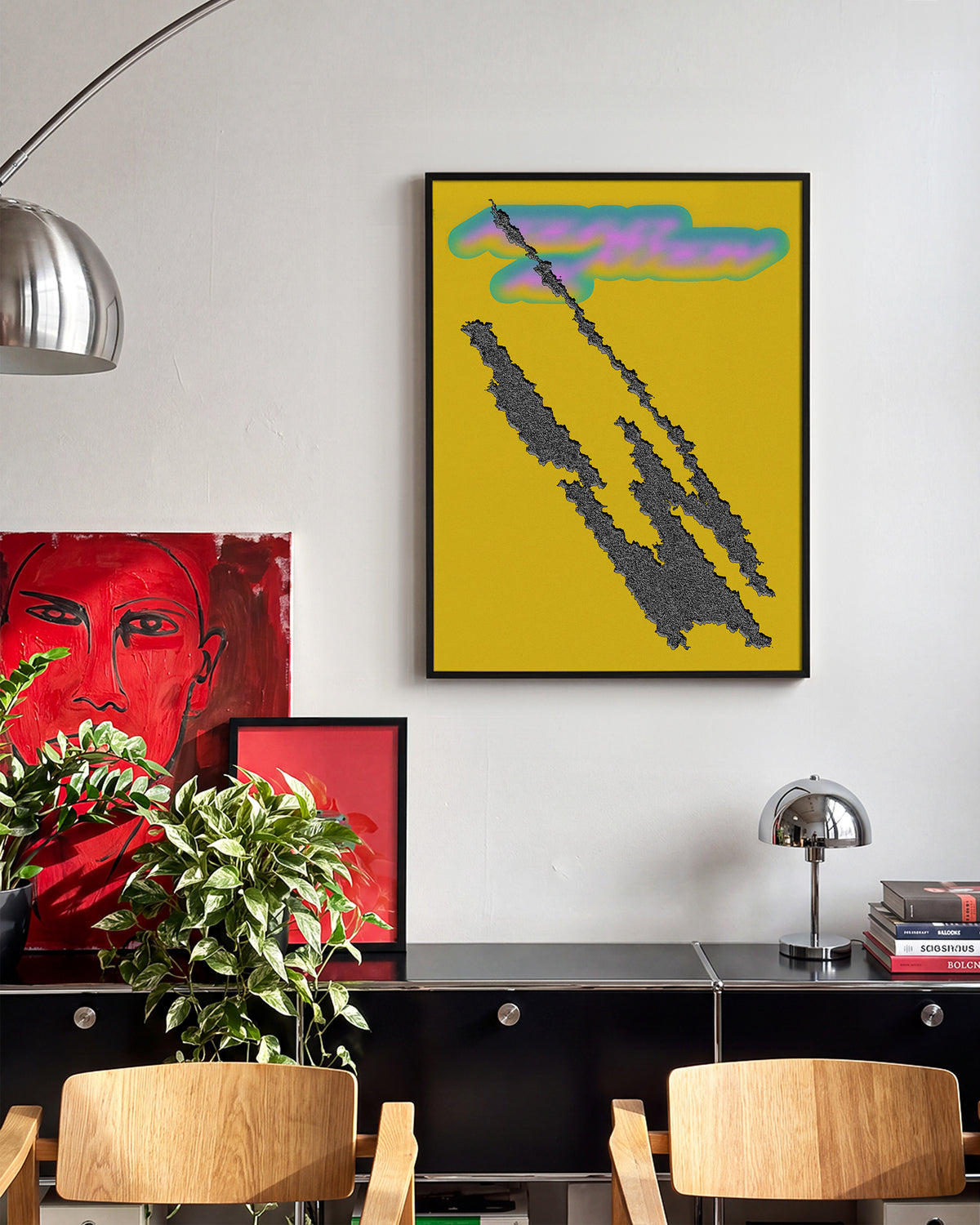 Foundational Yellow minimalist abstract print in a black frame on a room wall