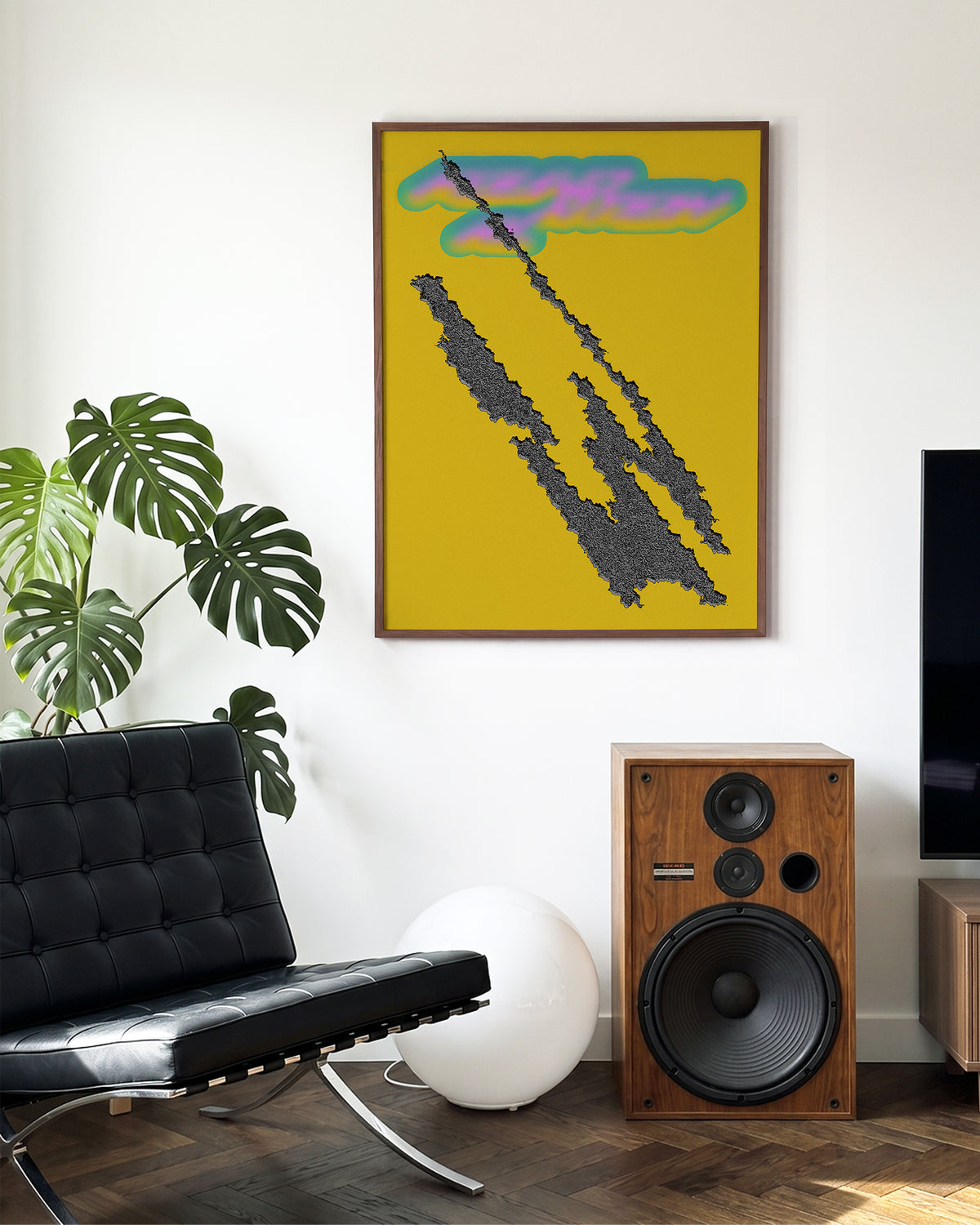 Foundational Yellow minimalist abstract print in a walnut frame on a room wall