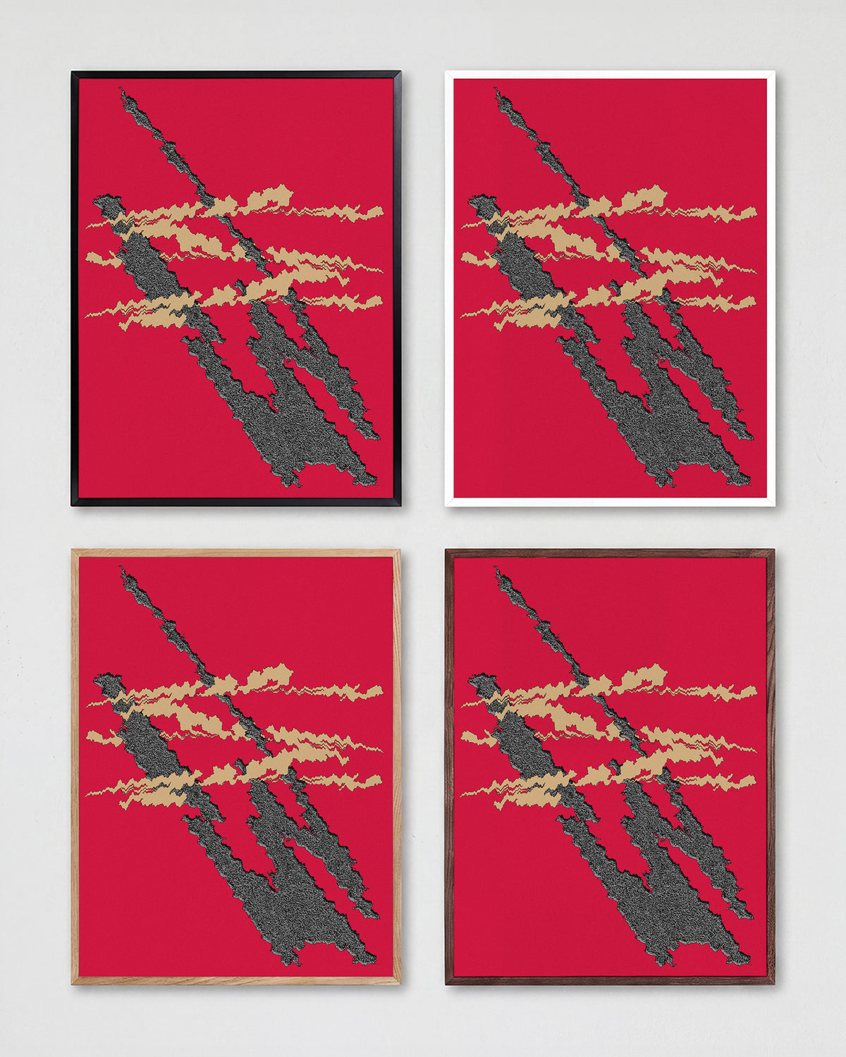 Foundational Red minimalist abstract print shown in all frame colours