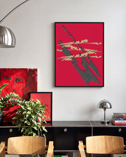 Foundational Red minimalist abstract print in a black frame on a room wall