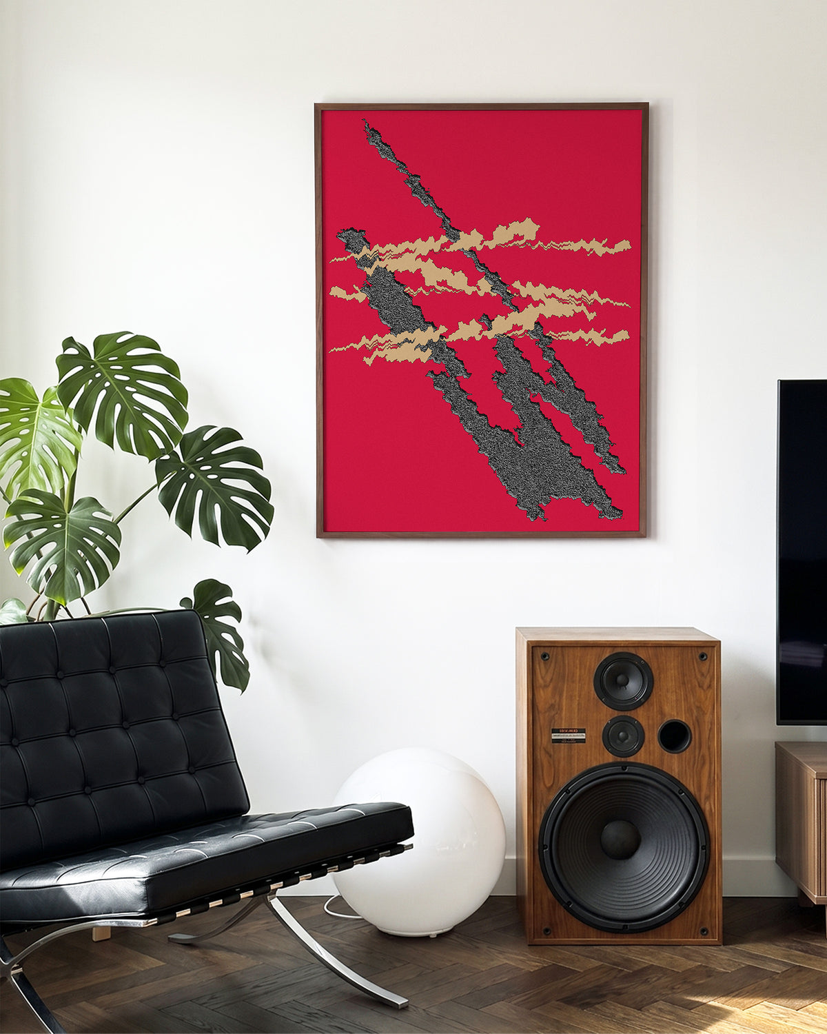 Foundational Red minimalist abstract print in a walnut frame on a room wall