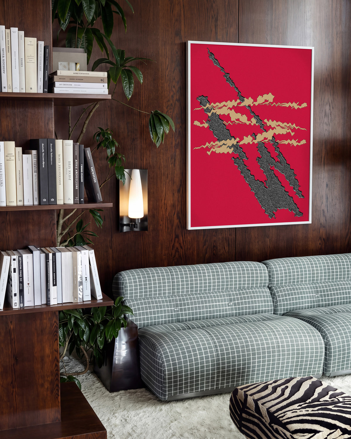 Foundational Red minimalist abstract print in a white frame on a room wall