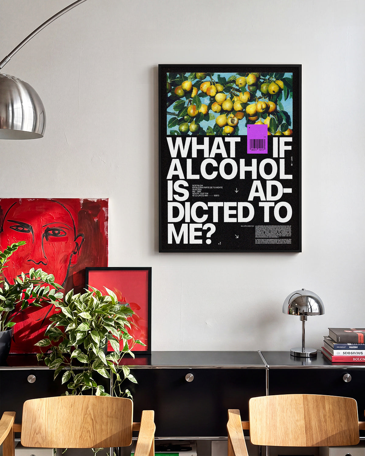 Addicted to me typography quote print in a black frame on a wall