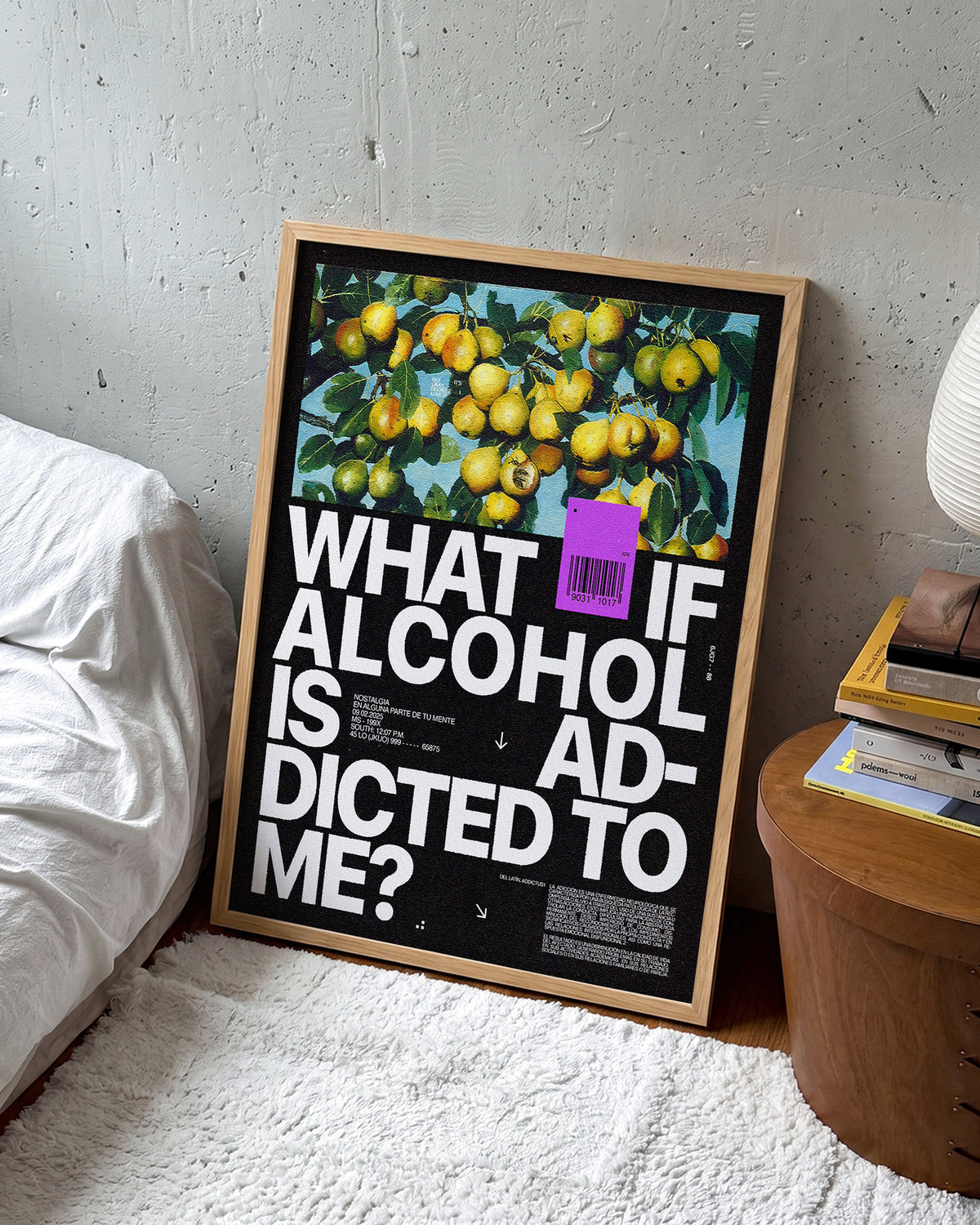 Addicted to me typography quote print in an oak frame on a wall
