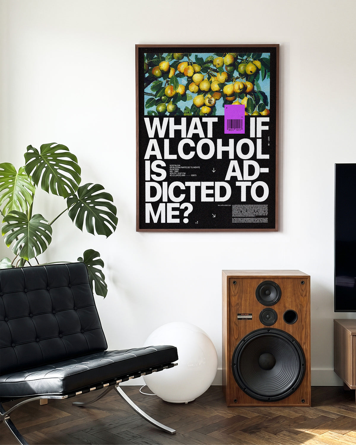 Addicted to me typography quote print in a walnut frame on a wall