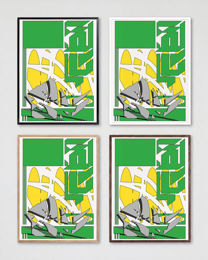 A walk to the store abstract illustration print shown in all frame colours
