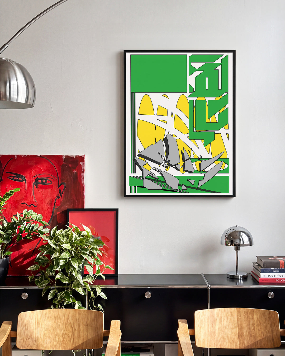A walk to the store abstract illustration print in a black frame on a wall