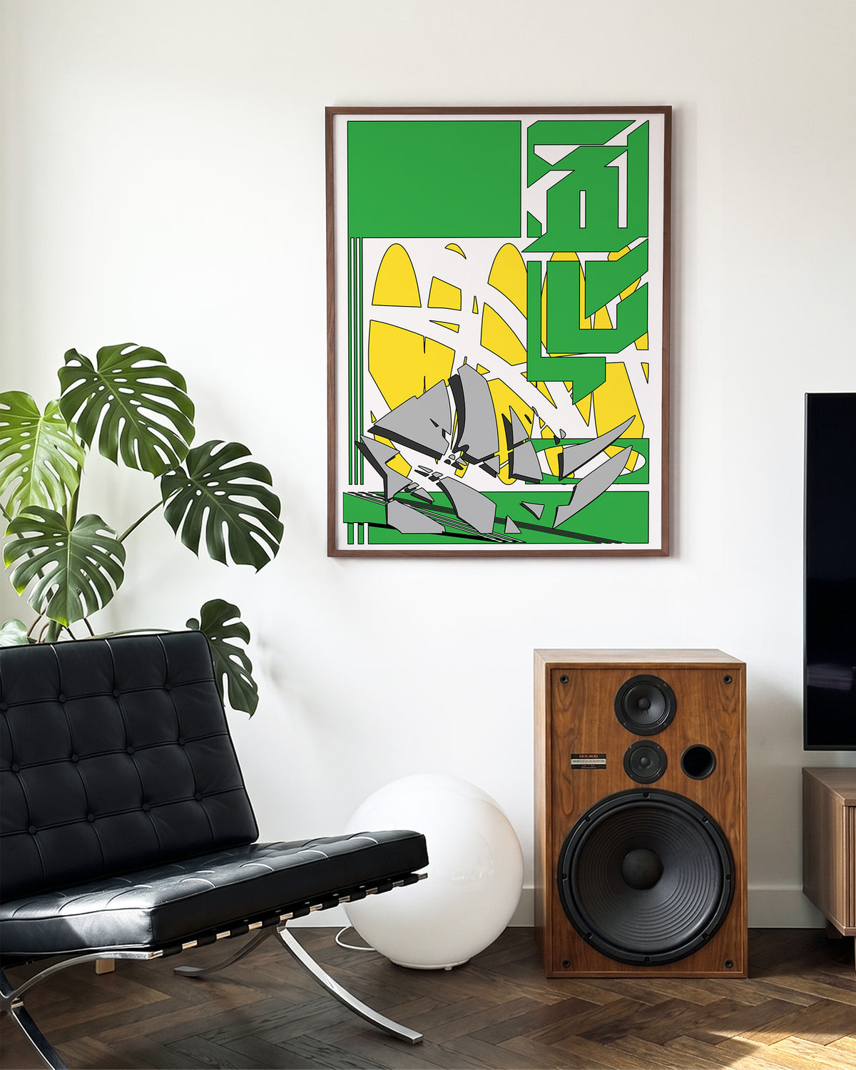 A walk to the store abstract illustration print in a walnut frame on a wall