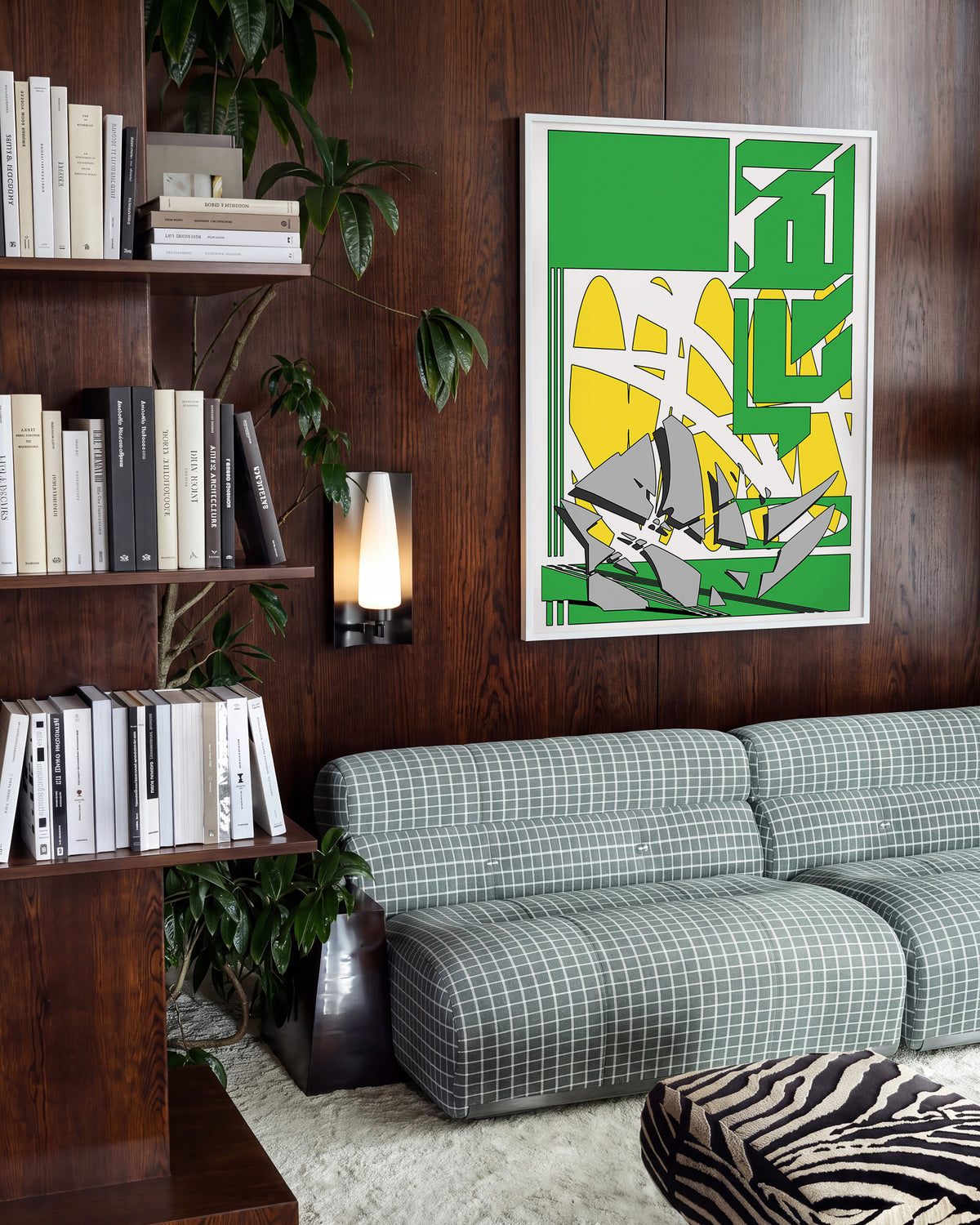A walk to the store abstract illustration print in a white frame on a wall