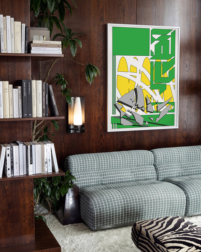 A walk to the store abstract illustration print in a white frame on a wall